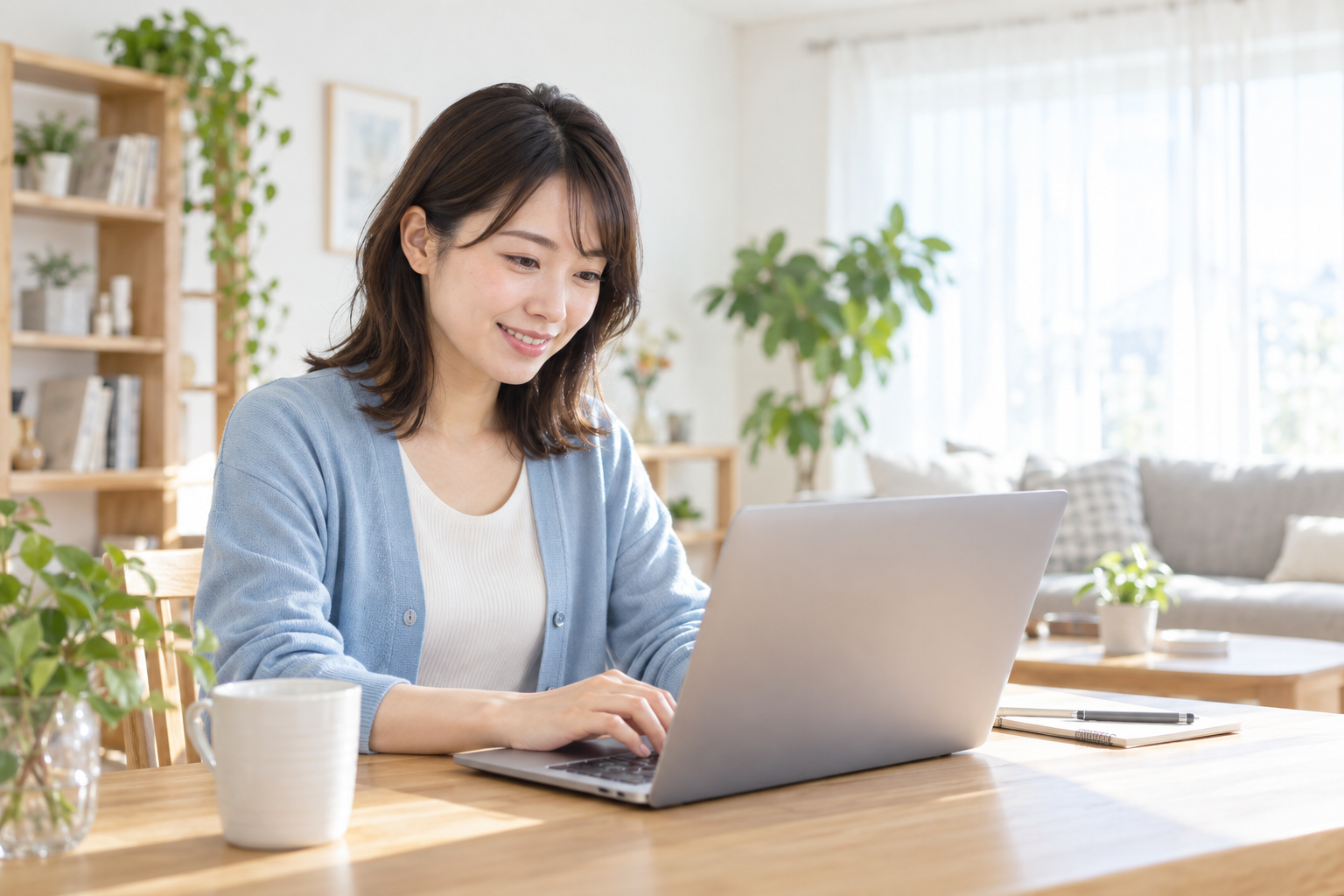 明るい自宅のデスクでノートパソコンを使う女性のイメージ